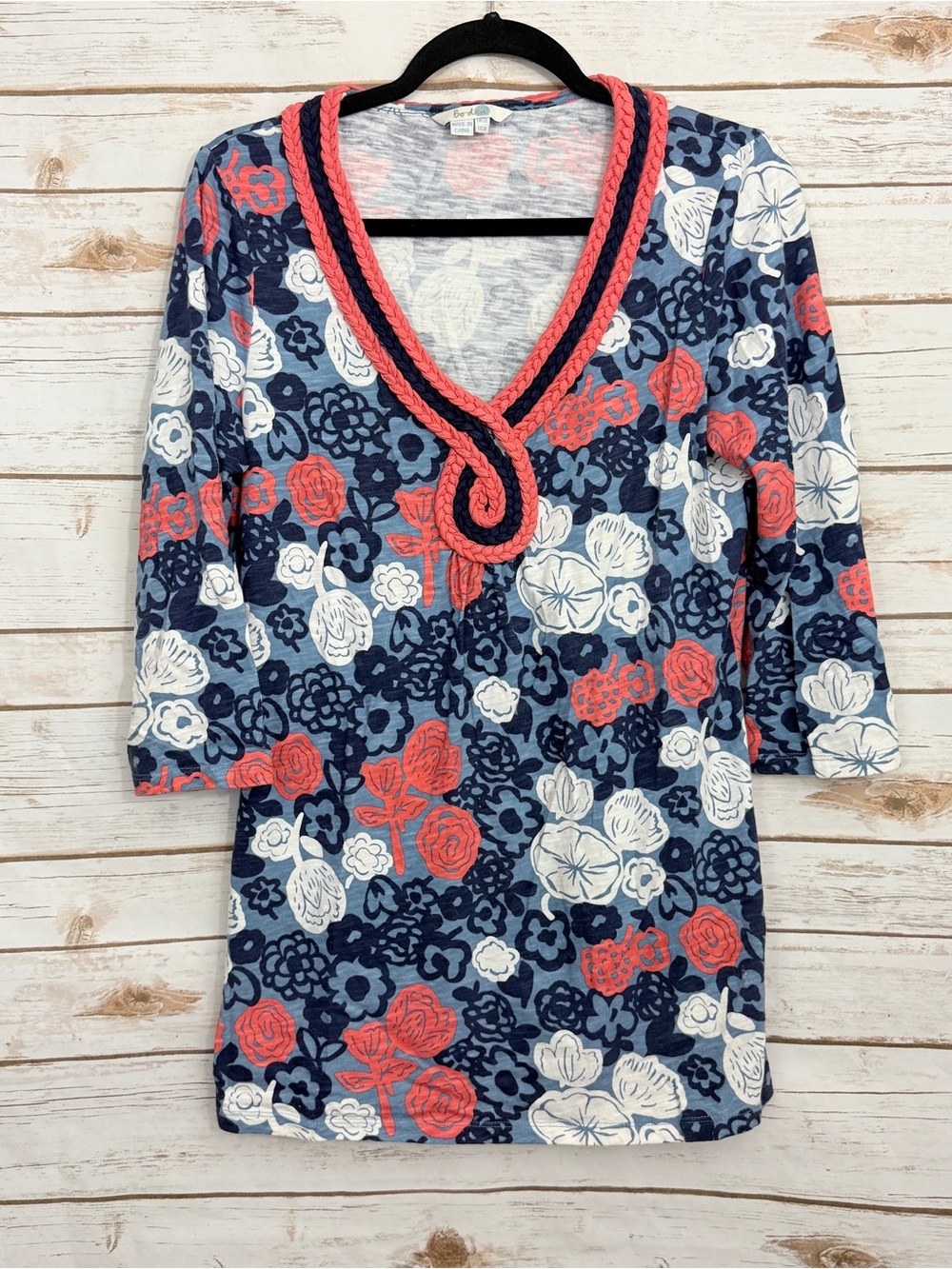 Boden Blue Floral Embroidered Detail 3/4 Sleeve Blouse 8